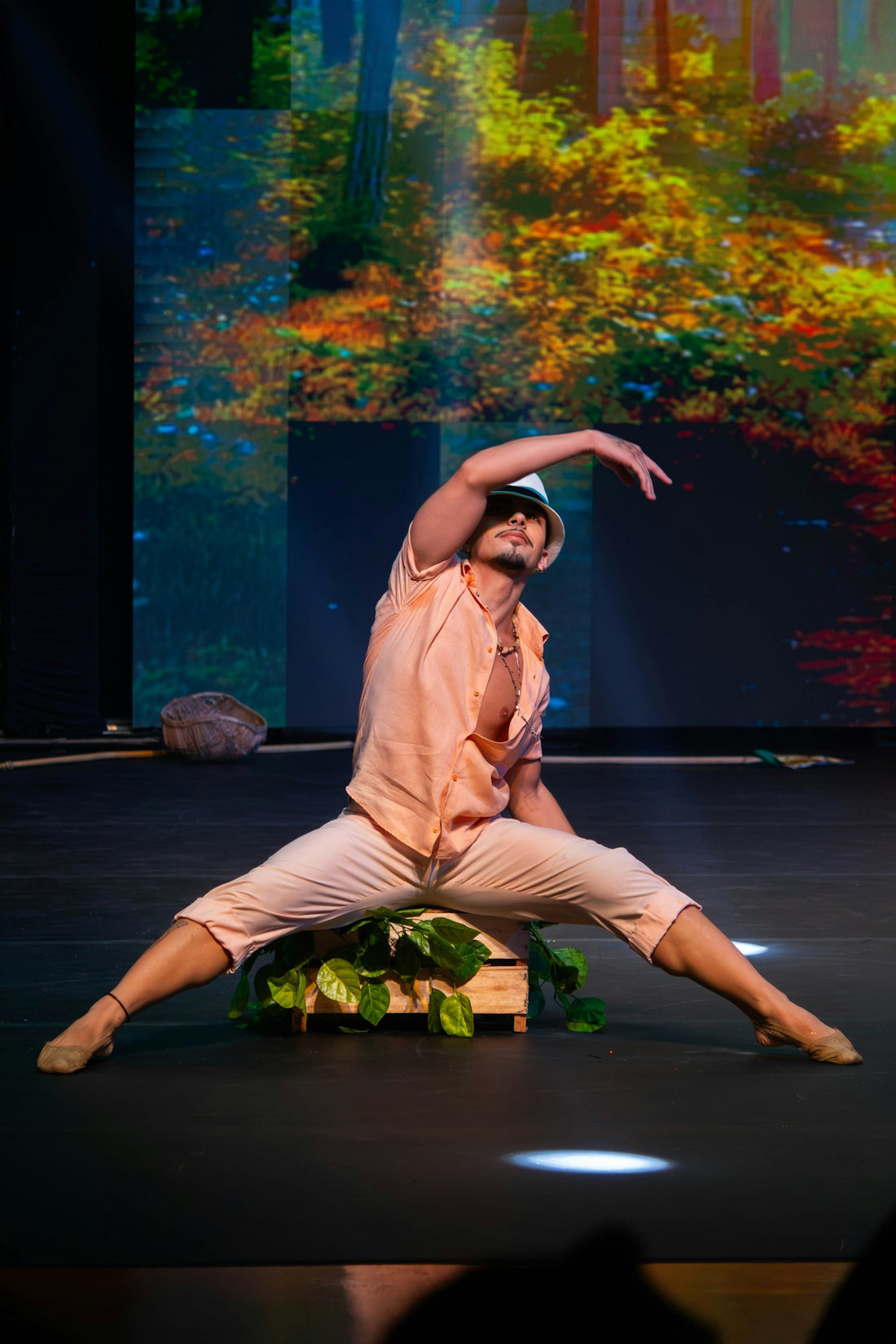 Male dancer in a hat performing an expressive pose.